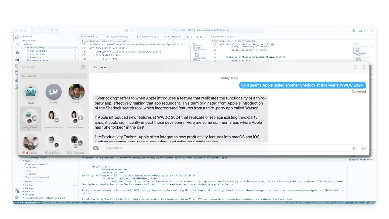 Chatting with a “Sherlocked” assistant, via Messages app on macOS